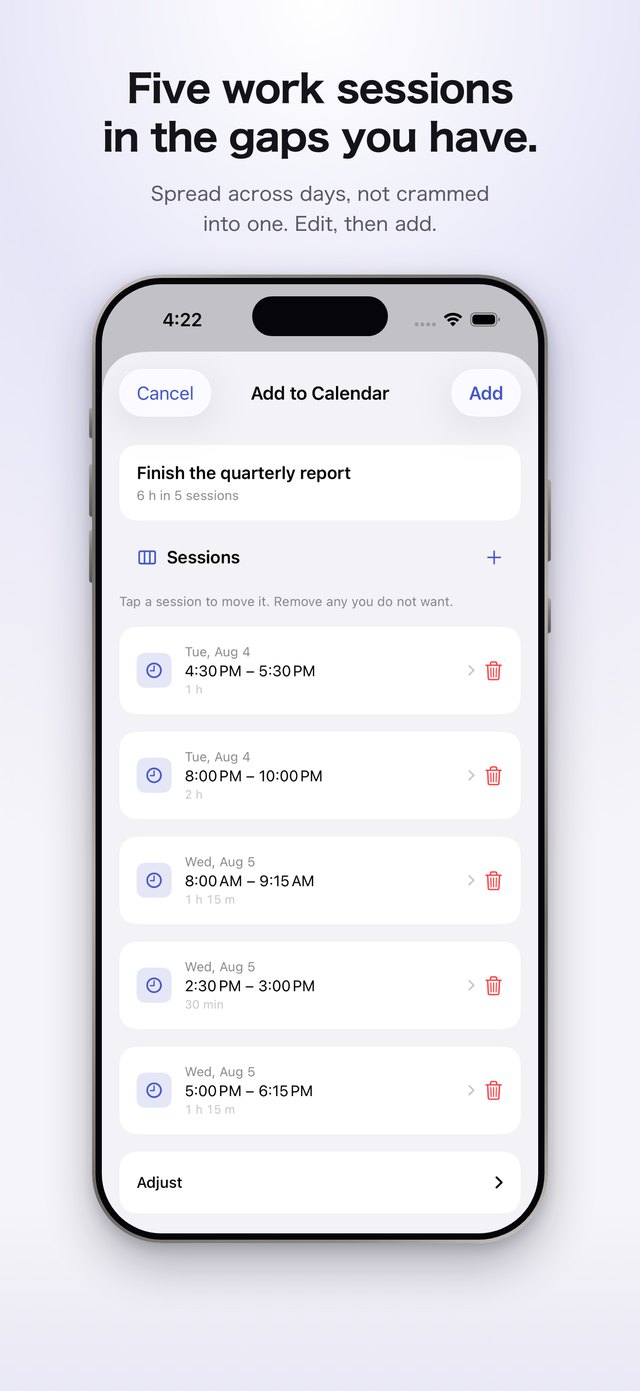 An Add to Calendar sheet. Six hours of work is split into five sessions across two days, each with a date and a time. Every session can be moved or removed.