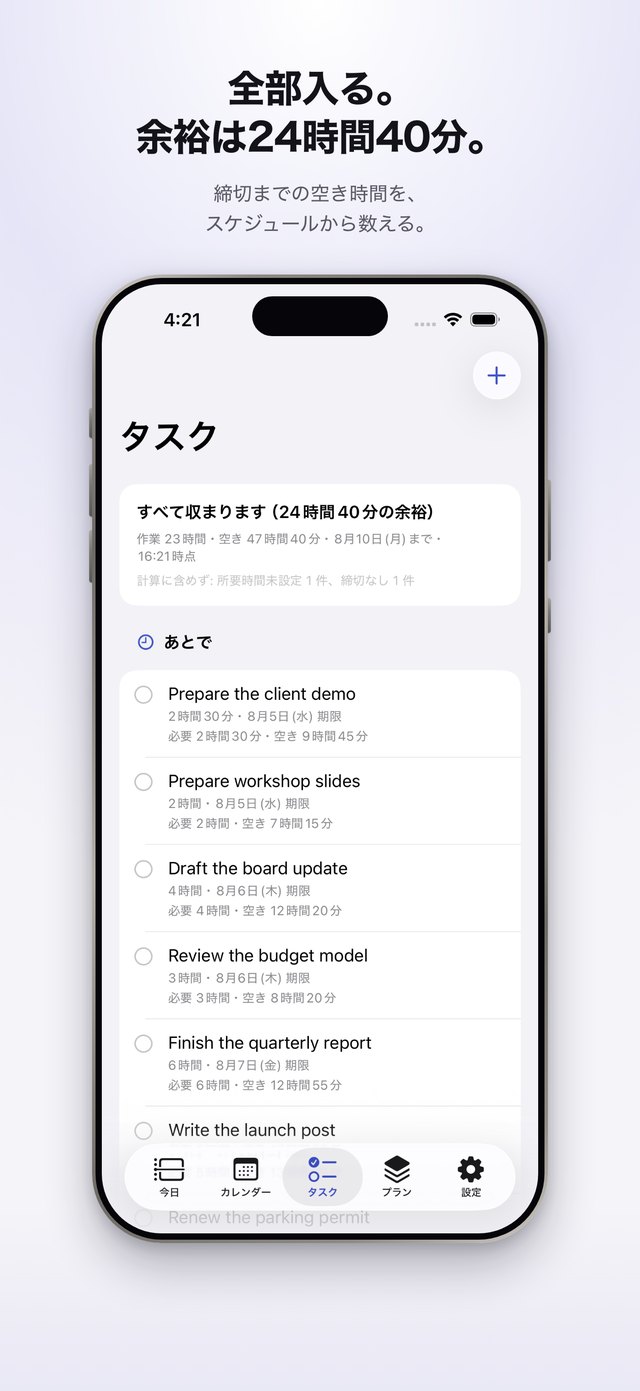 タスクの画面。すべて収まりますという判定の下に、締切と必要な時間、残っている空き時間が作業ごとに並んでいる。